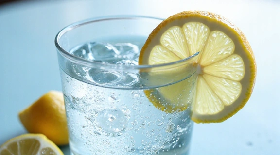 Ένα ποτήρι νερό με σταγόνες και ένα φρέσκο λεμόνι, συμβολίζοντας την ενυδάτωση.
