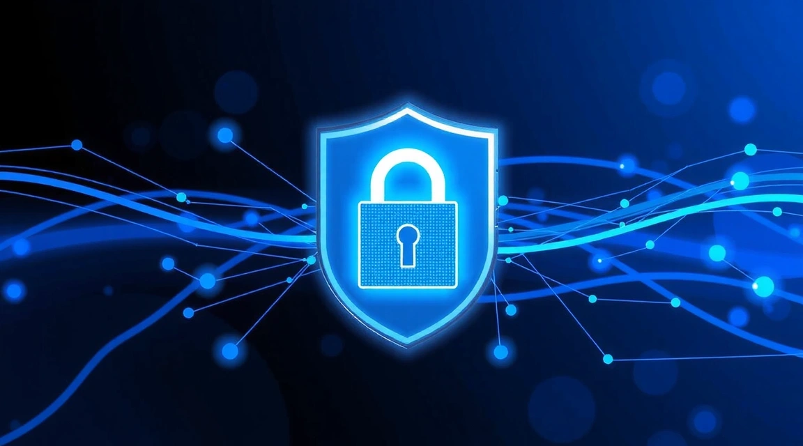 Ein stilisiertes Schloss symbolisiert Datensicherheit, umgeben von verschlüsselten Datenströmen und einem digitalen Schild.