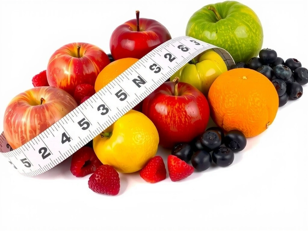 Ein Maßband, das um eine Auswahl frischer, bunter Früchte wie Äpfel, Orangen und Beeren gewickelt ist, symbolisiert gesundes Gewichtsmanagement und eine ausgewogene Ernährung. Kein Text.