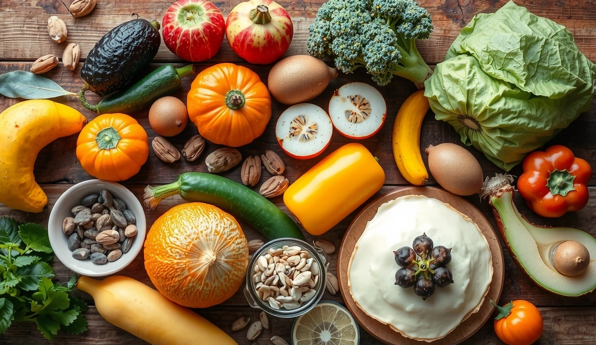 Eine bunte Auswahl an gesunden Lebensmitteln wie frisches Obst, Gemüse, Nüsse und Samen, appetitlich angerichtet auf einem Holztisch, symbolisiert Vielfalt und ausgewogene Ernährung.