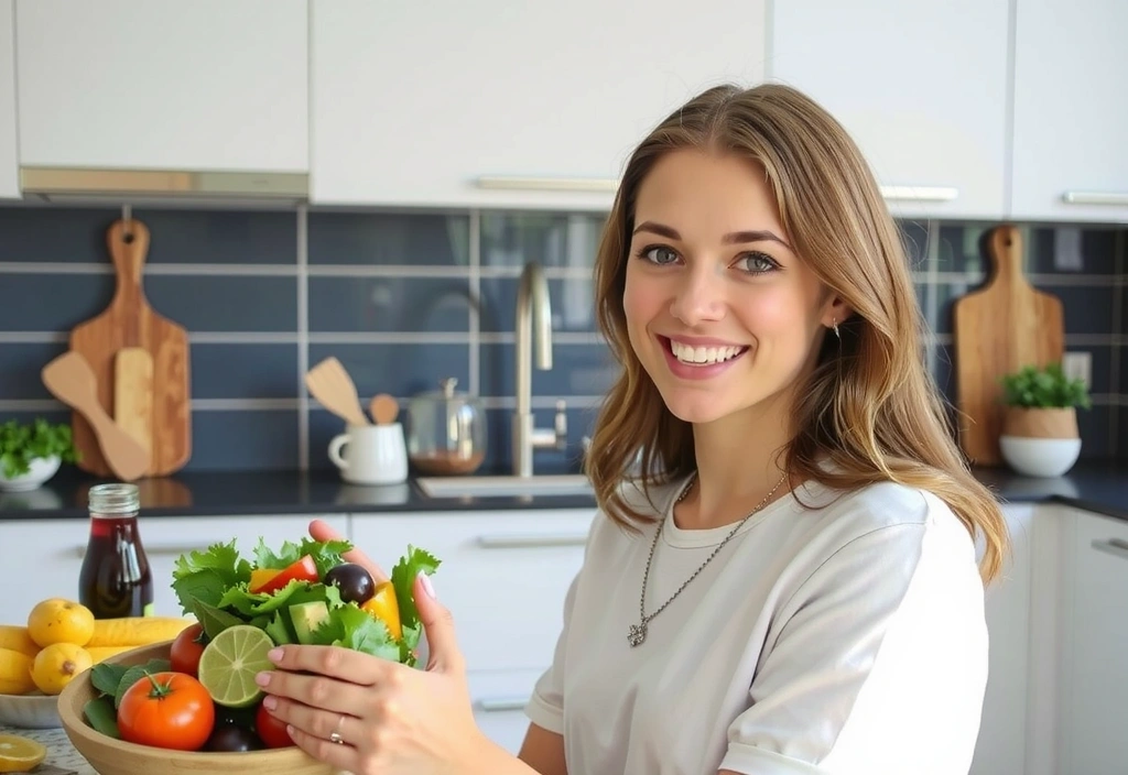 Eine lächelnde Person isst genüsslich einen frischen, bunten Salat in einer hellen, modernen Küche. Die Person strahlt Gesundheit und Zufriedenheit aus, umgeben von natürlichem Licht und frischen Zutaten.