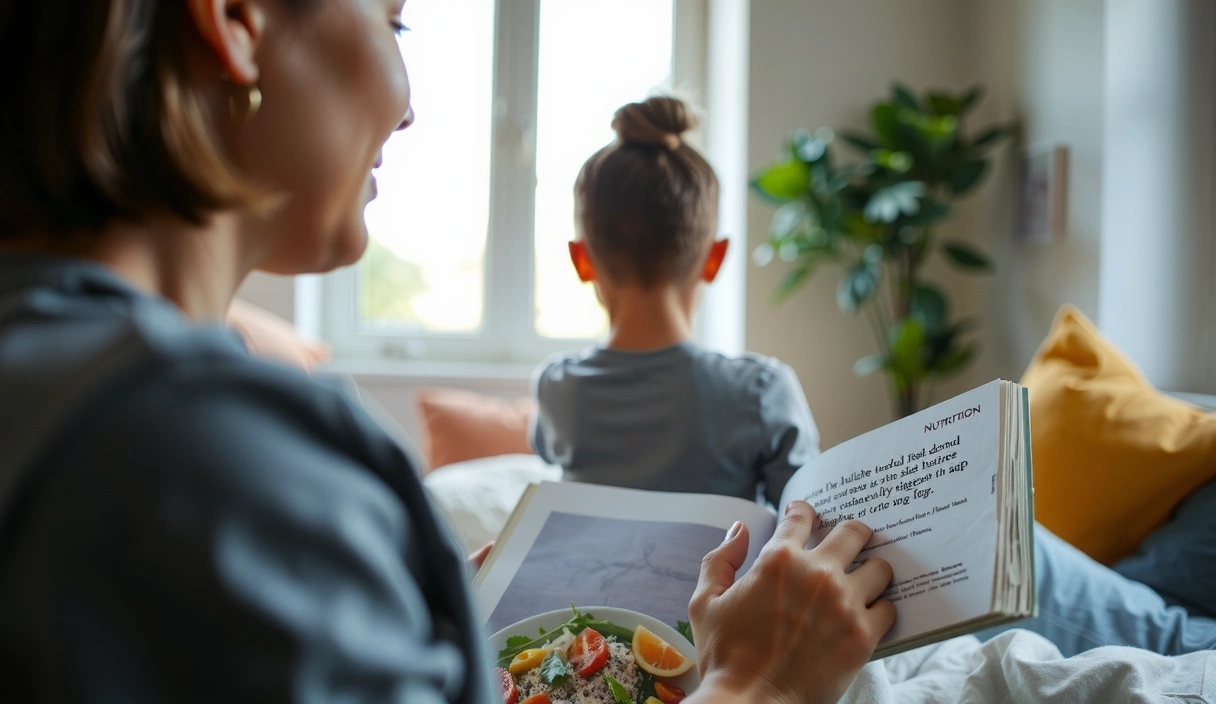 Eine Person liest ein Buch über Ernährung in einer gemütlichen, natürlich beleuchteten Umgebung